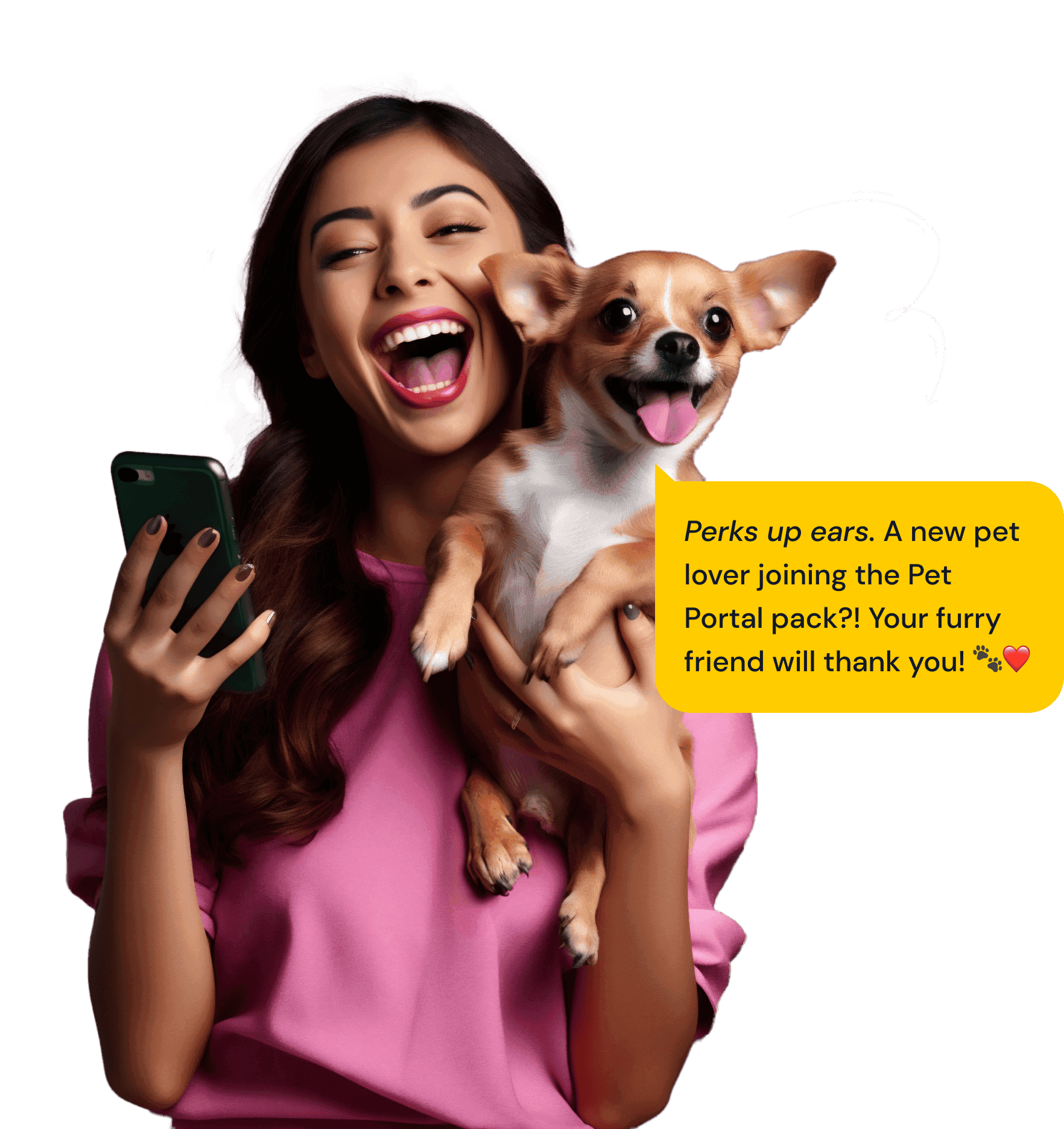 young women holding dog and black phone and chat bubble