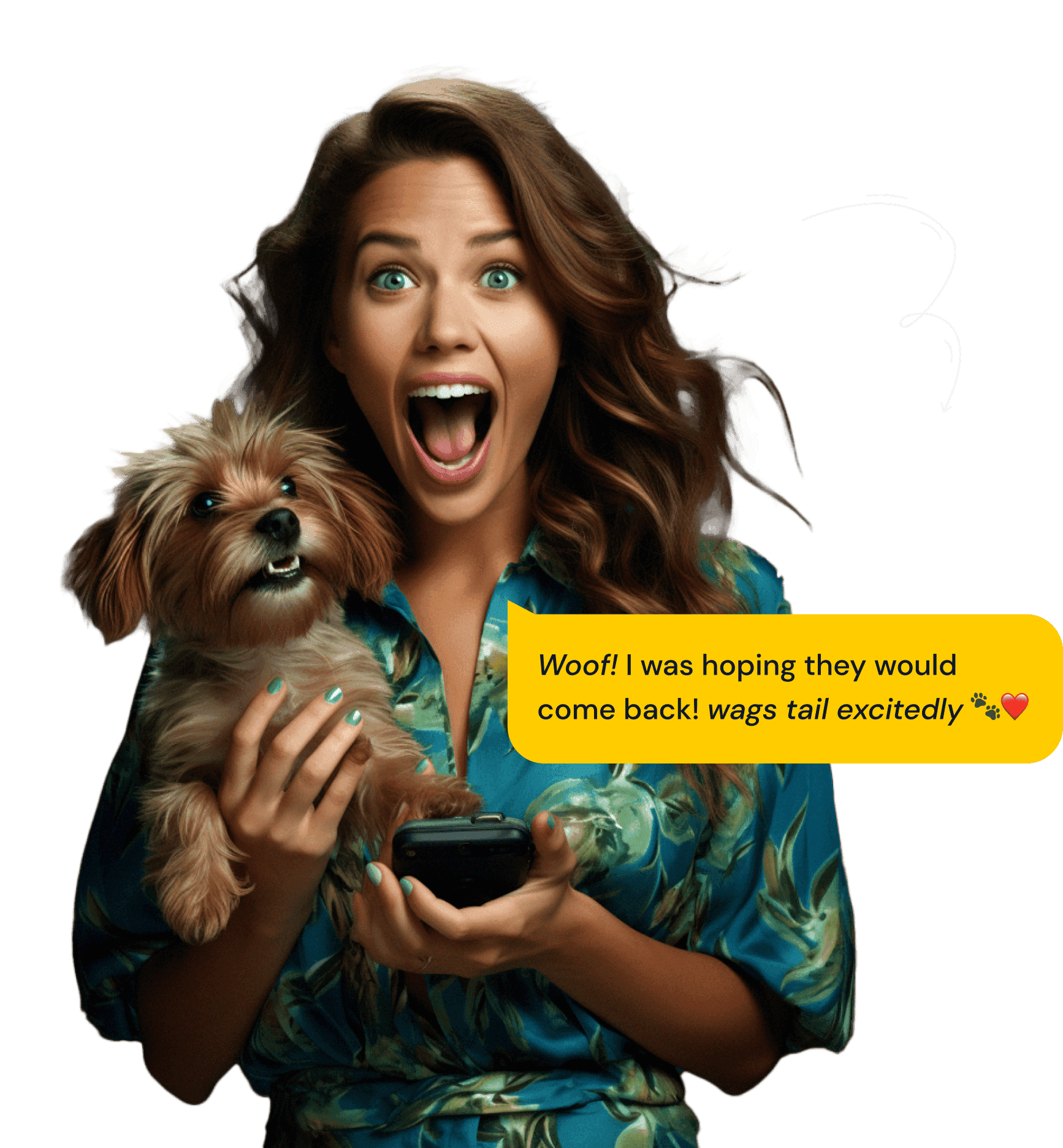 young women holding dog and black phone and chat bubble